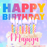 A vibrant animated name GIF with the words 'Happy Birthday Mapiya' with colorful candles on a creamy cake. The background sparkles with pastel shades, adding a festive touch.