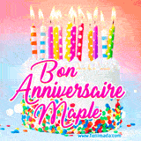 A white birthday cake covered in colorful sprinkles, topped with bright candles, and French text 'Bon Anniversaire Maple' on a pastel gradient background in an animated GIF.