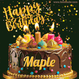 A delightful chocolate birthday cake with bright candles and 'Happy Birthday Maple' written in gold amidst a shower of animated stars.