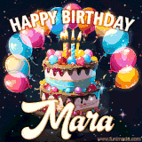 Bright birthday animation for Mara with a chocolate cake, candles, balloons, and glowing celebratory lights.