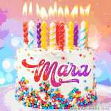 A cheerful white birthday cake with multicolor sprinkles, lit candles, and 'Mara' written in vibrant letters, in an animated GIF.