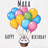 An adorable and cute cupcake with a smiley face and moving colorful balloons create a joyful birthday greeting for Mara in this cheerful animated greeting E-card.