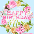 A charming animated GIF featuring 'Happy Birthday Mara' in pink and green text, surrounded by delicate roses, leaves, and fluttering butterflies on a soft light blue pastel background.