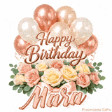 Animated Happy Birthday Mara greeting card with moving balloons and roses
