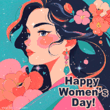 A stunning animated GIF featuring an artistic portrait of a woman with flowing hair, delicate floral accessories, and sparkles, with 'Happy Women's Day!' text.