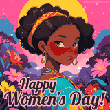 A modern illustrated GIF featuring a strong and elegant woman with natural curls, golden accessories, and a tropical background, with 'Happy Women's Day!' glowing in festive text.