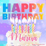 A vibrant animated name GIF with the words 'Happy Birthday Marcia' with colorful candles on a creamy cake. The background sparkles with pastel shades, adding a festive touch.