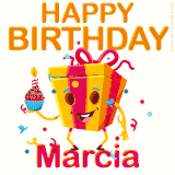 A vibrant and funny gift box character with a happy face dancing with a cupcake and the text 'Happy Birthday Marcia,' surrounded by animated confetti and party vibes.