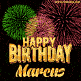Wishing You A Happy Birthday, Marcus! Best fireworks GIF animated greeting card.