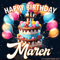 Hand-drawn happy birthday cake adorned with an arch of colorful balloons - name GIF for Maren
