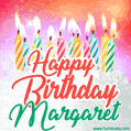 Happy Birthday GIF for Margaret with Birthday Cake and Lit Candles