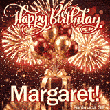 Shimmering birthday animation for Margaret featuring metallic balloons, a gold-bowed gift, and fireworks.