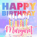 Animated Happy Birthday Cake with Name Margaret and Burning Candles