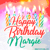 Bright birthday candles with rainbow flames on a cake, alongside the text 'Happy Birthday Margie' in vibrant script in this celebratory animated GIF.