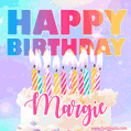 Animated Happy Birthday Cake with Name Margie and Burning Candles