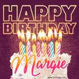A colorful birthday cake topped with lit candles, with the words 'Happy Birthday Margie' in bold glowing letters on a burgundy background. Animated flames add a festive touch.