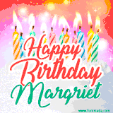 Bright birthday candles with rainbow flames on a cake, alongside the text 'Happy Birthday Margriet' in vibrant script in this celebratory animated GIF.