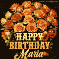 Beautiful bouquet of orange and red roses for Maria, golden inscription and twinkling stars