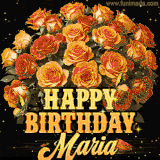 Animated bouquet of orange roses with moving butterfles and golden 'Happy Birthday Maria' text, surrounded by sparkling accents and a dark backdrop for a luxurious feel.