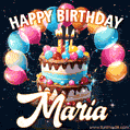 Hand-drawn happy birthday cake adorned with an arch of colorful balloons - name GIF for Maria