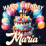 Bright birthday animation for Maria with a chocolate cake, candles, balloons, and glowing celebratory lights.