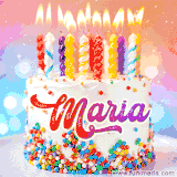 A cheerful white birthday cake with multicolor sprinkles, lit candles, and 'Maria' written in vibrant letters, in an animated GIF.