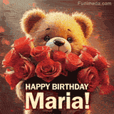 Cinematic style cute animated teddy bear with charming features holding a large bouquet of red roses, the words say 'Happy Birthday Maria' in sans serif font.