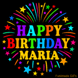 Personalized greeting card with name, colorful text that says 'Happy Birthday Maria' surrounded by animated fireworks and multicolor stars