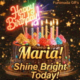 Happy Birthday Maria animated image showcasing a decorated chocolate cake on a gold stand with a glowing neon sign.
