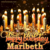 A glowing personalized birthday GIF with name Maribeth featuring lit candles with intricate designs, warm lighting, and the text 'Happy Birthday' in an elegant font.