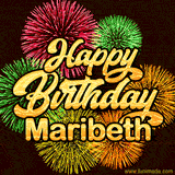 Golden text reading 'Happy Birthday Maribeth' surrounded by vibrant fireworks in red, green, and yellow, set against a dark background in this celebratory birthday GIF.