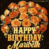 Animated bouquet of orange roses with moving butterfles and golden 'Happy Birthday Maribeth' text, surrounded by sparkling accents and a dark backdrop for a luxurious feel.