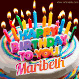 A colorful birthday cake topped with lit candles, with the words 'Happy Birthday Maribeth' in bold glowing letters on a burgundy background. Animated flames add a festive touch.