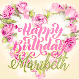 A stunning heart made of pink roses surrounds the elegant script text 'Happy Birthday Maribeth' on a soft beige background. Animated sparkles add a magical and festive feel.