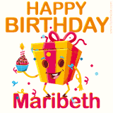 A vibrant and funny gift box character with a happy face dancing with a cupcake and the text 'Happy Birthday Maribeth,' surrounded by animated confetti and party vibes.