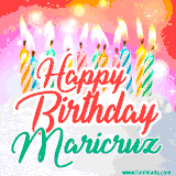 Bright birthday candles with rainbow flames on a cake, alongside the text 'Happy Birthday Maricruz' in vibrant script in this celebratory animated GIF.