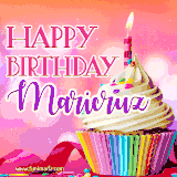 A vibrant birthday GIF featuring a rainbow-colored cupcake topped with white frosting, sprinkles, and a lit candle. The text reads 'Happy Birthday Maricruz' in bold pink and violet letters with white outline.