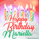 Bright birthday candles with rainbow flames on a cake, alongside the text 'Happy Birthday Mariella' in vibrant script in this celebratory animated GIF.