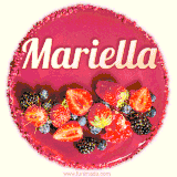 Beautifully decorated red velvet berry birthday cake with vibrant fruits and a glowing 'Mariella' name, adding a touch of sweetness and sparkle.