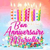 A white birthday cake covered in colorful sprinkles, topped with bright candles, and French text 'Bon Anniversaire Mariella' on a pastel gradient background in an animated GIF.
