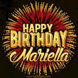 Golden 'Happy Birthday Mariella' text accompanied by animated rainbow fireworks for a festive animated greeting.
