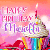 A vibrant birthday GIF featuring a rainbow-colored cupcake topped with white frosting, sprinkles, and a lit candle. The text reads 'Happy Birthday Mariella' in bold pink and violet letters with white outline.