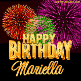 A golden 'Happy Birthday Mariella' message with vibrant fireworks in the background, creating a festive and celebratory vibe in this animated name GIF.
