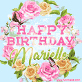 A charming animated GIF featuring 'Happy Birthday Marielle' in pink and green text, surrounded by delicate roses, leaves, and fluttering butterflies on a soft light blue pastel background.