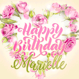 A stunning heart made of pink roses surrounds the elegant script text 'Happy Birthday Marielle' on a soft beige background. Animated sparkles add a magical and festive feel.