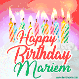Bright birthday candles with rainbow flames on a cake, alongside the text 'Happy Birthday Mariem' in vibrant script in this celebratory animated GIF.