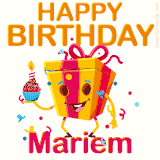 A vibrant and funny gift box character with a happy face dancing with a cupcake and the text 'Happy Birthday Mariem,' surrounded by animated confetti and party vibes.