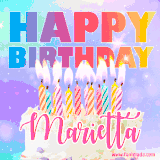 A vibrant animated name GIF with the words 'Happy Birthday Marietta' with colorful candles on a creamy cake. The background sparkles with pastel shades, adding a festive touch.