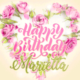 A stunning heart made of pink roses surrounds the elegant script text 'Happy Birthday Marietta' on a soft beige background. Animated sparkles add a magical and festive feel.