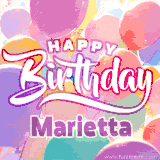 A vibrant name GIF featuring colorful balloons in shades of pink, orange, and yellow with the bold text 'Happy Birthday Marietta' in festive fonts, creating a lively birthday vibe.